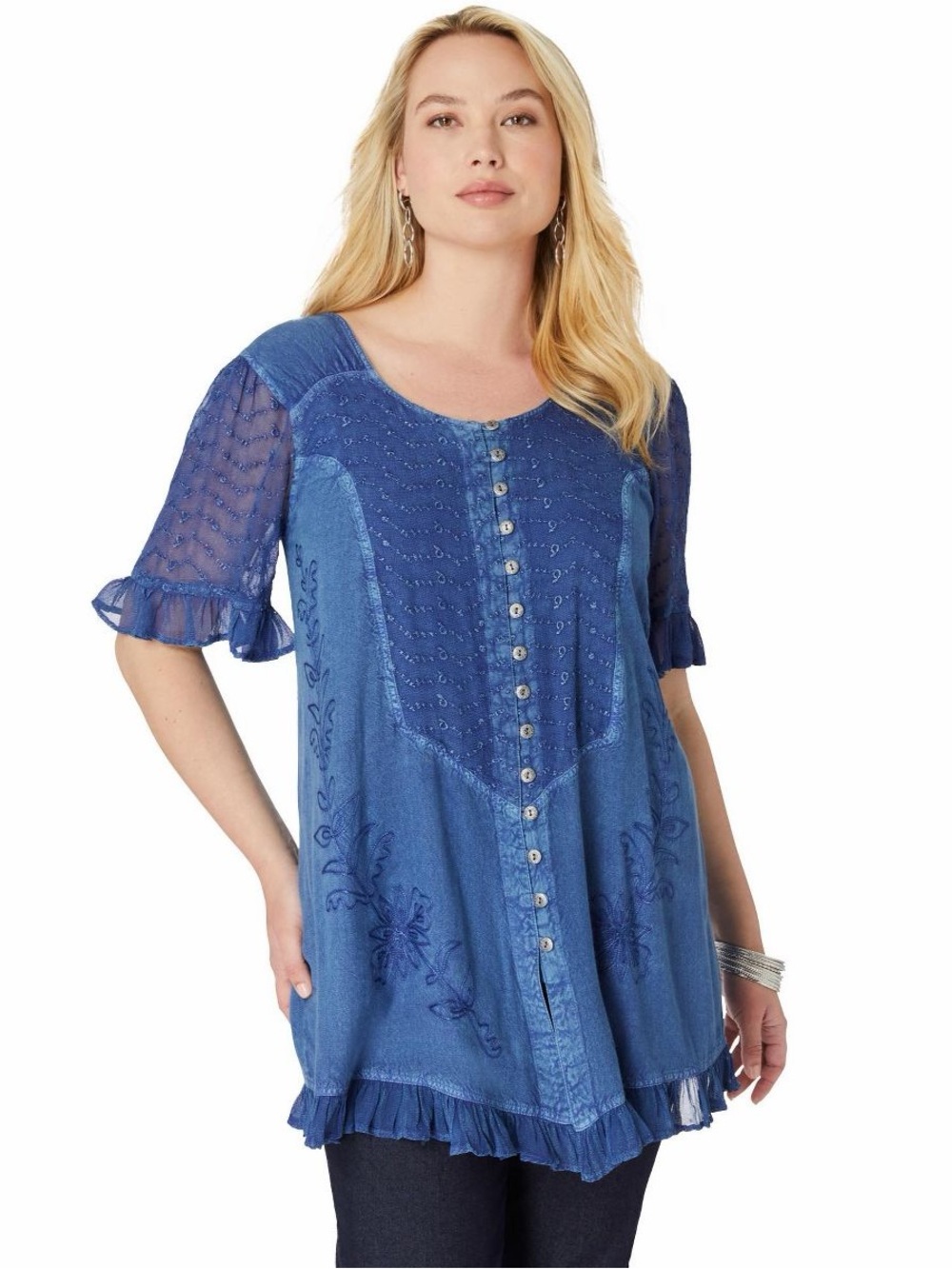 Roaman’s Acid Wash Blue Embroidered Sheer Button Tunic Blouse Size 20W